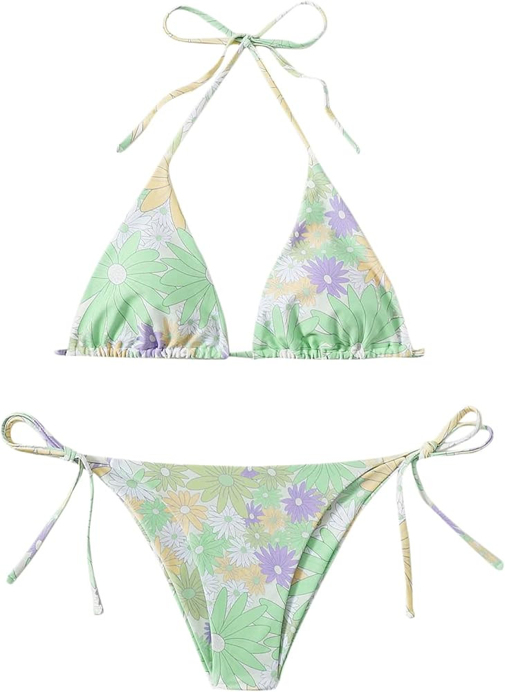 SOLY HUX Women's Frill Trim Halter Triangle Tie Side Bikini Set Two Piece Swimsuits | Amazon (US)