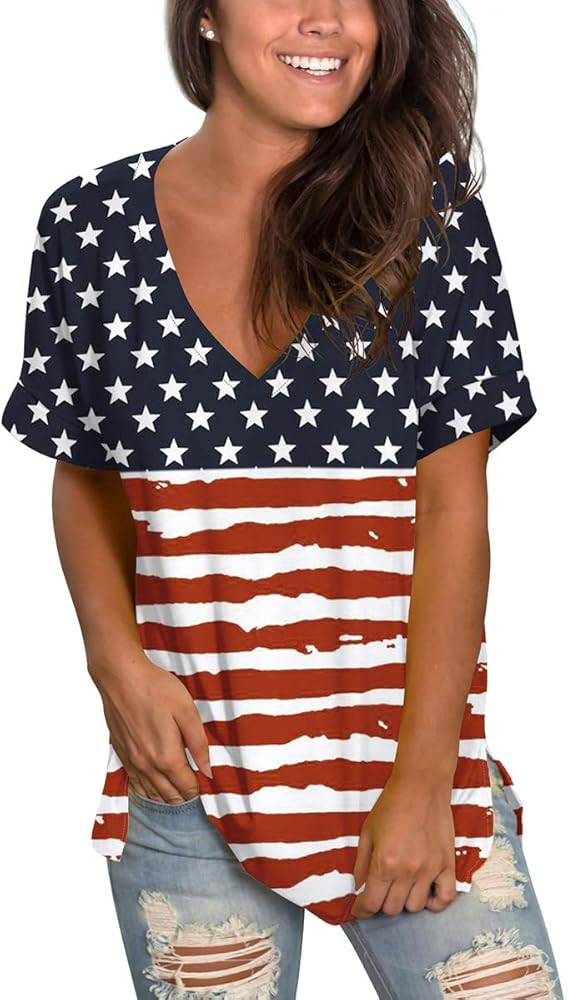 SAMPEEL Womens Floral Tops Short Sleeve V Neck Tee T Shirt Printed Side Split Tunic | Amazon (US)