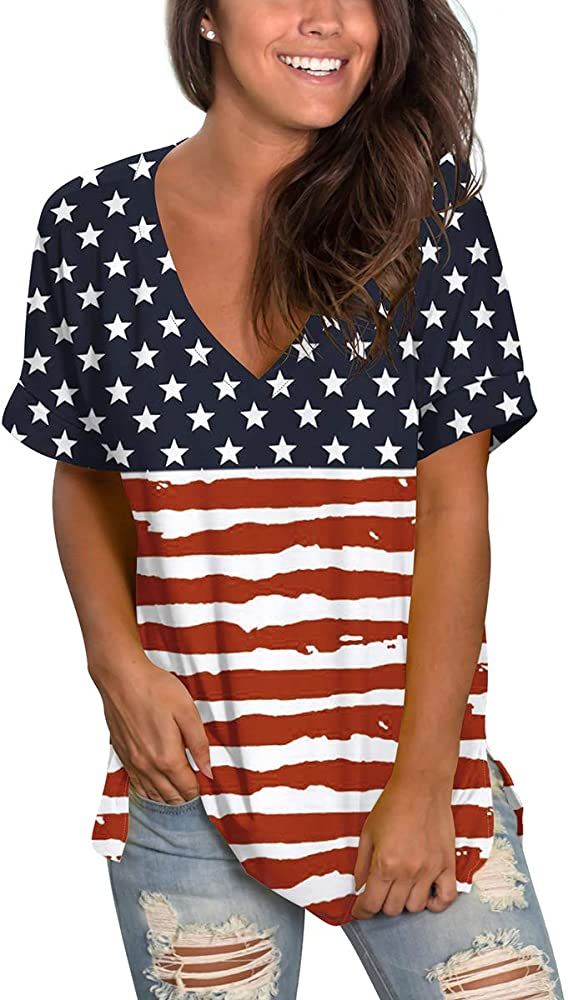 SAMPEEL Womens Floral Tops Short Sleeve V Neck Tee T Shirt Printed Side Split Tunic | Amazon (US)