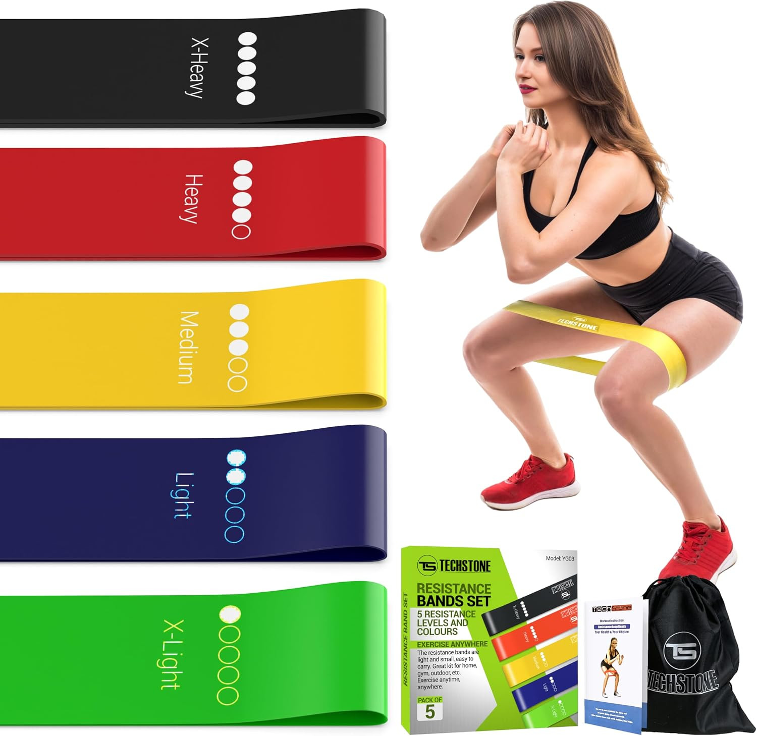 TechStone Resistance Bands Set for Men and Women, Pack of 5 Different Levels Elastic Band for Home Gym Long Exercise Workout – Great Fitness Equipment for Training, Yoga – Free Carrying Bag | Amazon (US)