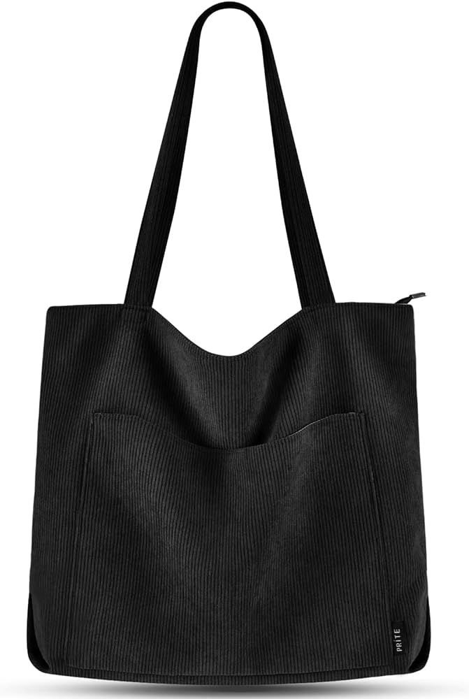 Prite Corduroy Tote Bag for Women Large Shoulder Bag with Zipper and Pockets for College School W... | Amazon (US)