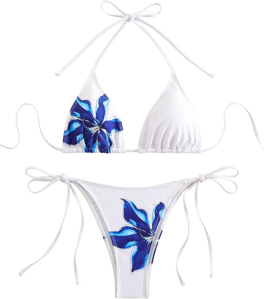 SEGT Women's 2 Piece Floral Print Halter Neck Tie Bikini Set Triangle String Thong Swimsuit Summe... | Amazon (US)