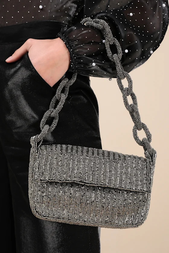 Ailean Charcoal Grey Beaded Shoulder Bag | Lulus