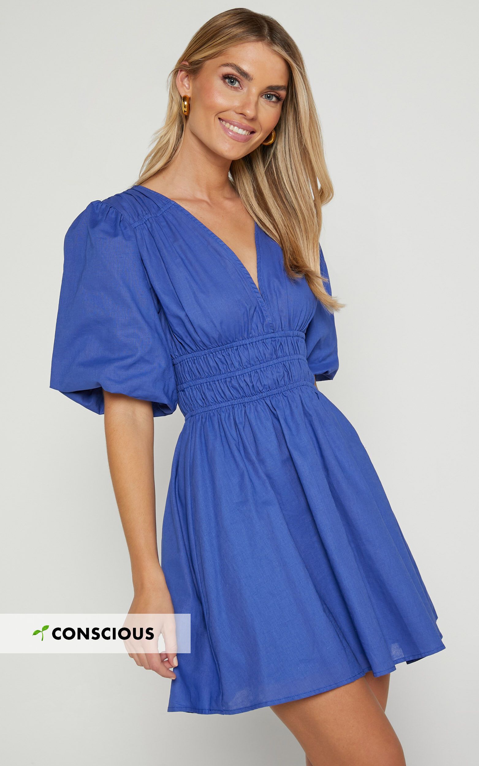 Francesca V Neck Puff Sleeves Mini Dress in Cornflower Blue | Showpo (US, UK & Europe)