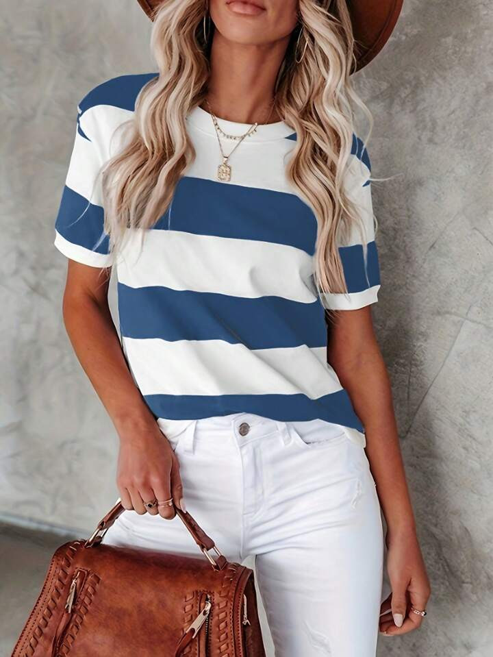 New Summer Fashion Blue & White Striped & Printed Round Neck Short Sleeve Casual T-shirt For Wome... | SHEIN