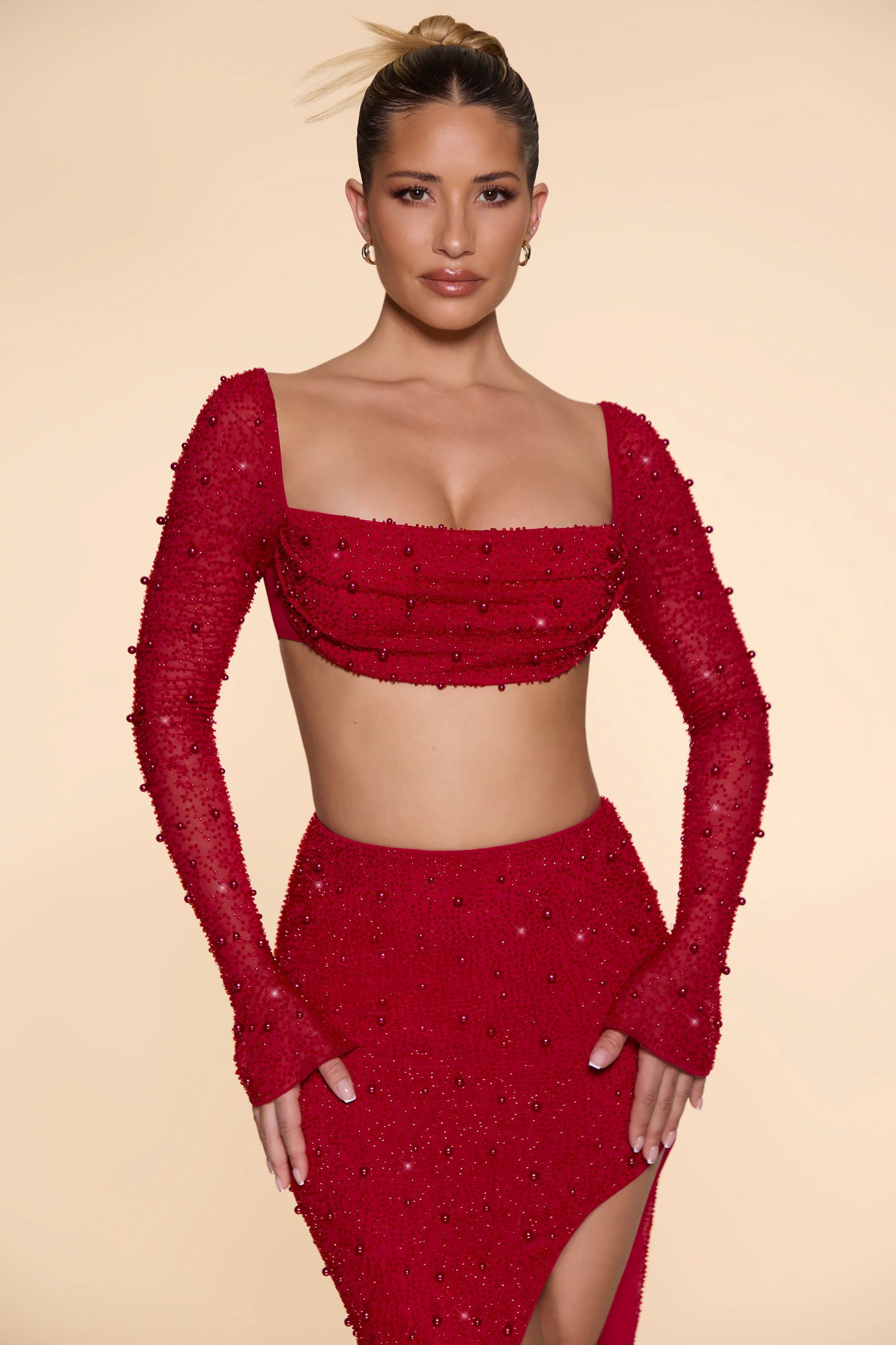 Embellished Cowl Neck Crop Top in Red | Oh Polly