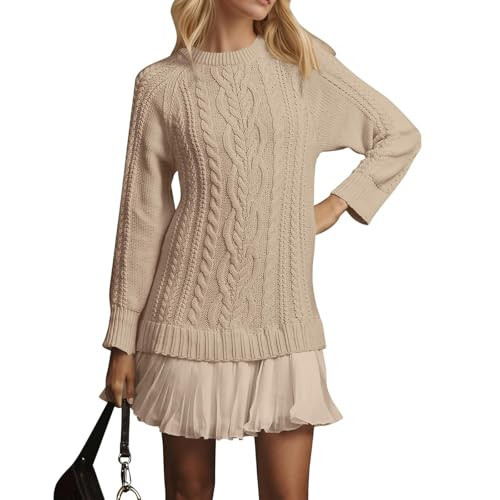 Women Crewneck Cable Knit Sweater Mini Dress, Sweater Dresses for Women 2025, Soft Stretchy Knitted Patchwork Dress (US, Alpha, Large, Regular, Regular, Khaki) | Amazon (US)