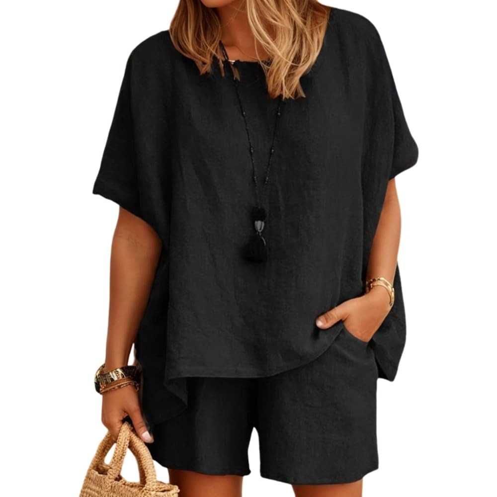 Two Piece Cotton Linen Outfits for Women Summer Casual Half Sleeve Tops and Loose Shorts Fit Stre... | Amazon (US)