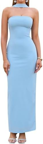 HTZMO Women Elegant Summer Bodycon Maxi Dress Halter Neck Formal Wedding Guest Cocktail Party Lon... | Amazon (US)