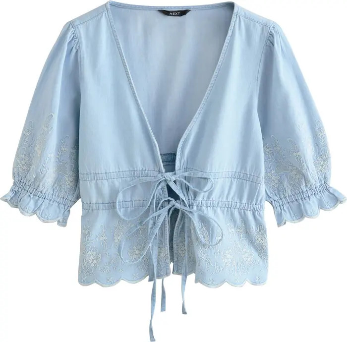 Embroidered Puff Sleeve Tie Front Denim Top | Nordstrom