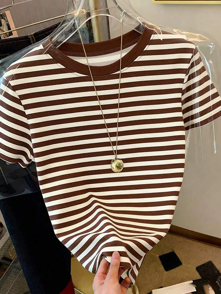 Classic Versatile Apricot & Brown Striped Elegant Summer Outfits For Women, Casual Women's Round Neck Short Sleeve T-Shirt | SHEIN