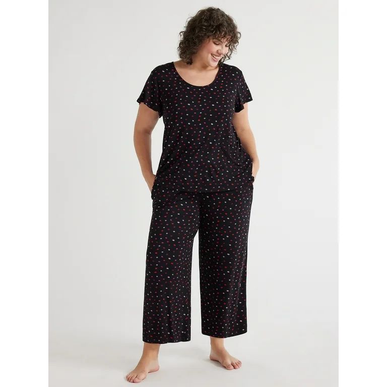 Joyspun Women’s Short Sleeve Scoop Neck Top and Cropped Pants Knit Pajama Set, 2-Piece, Sizes S... | Walmart (US)