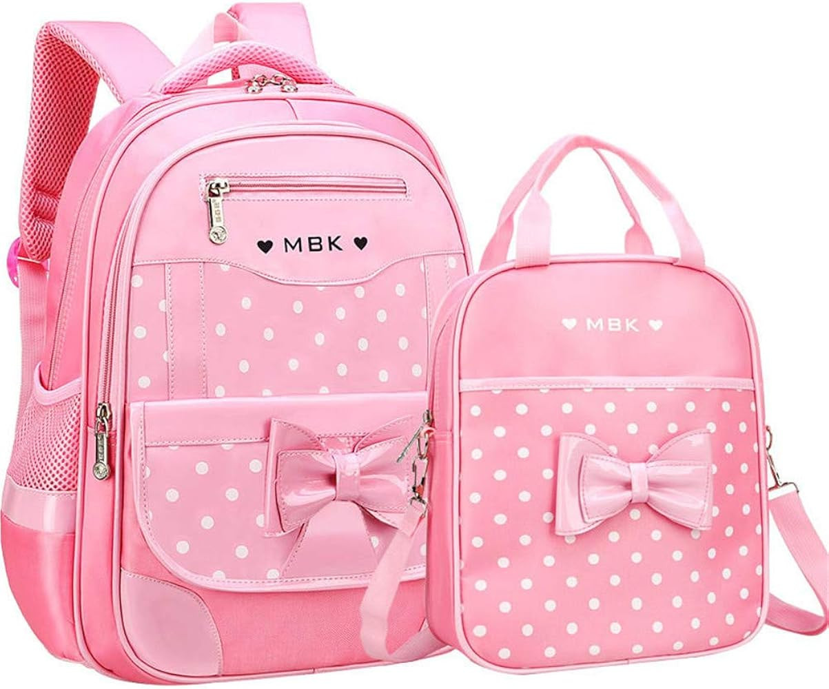 2Pcs Bowknot Wave Point Prints Primary School Bookbag Kids School Backpack Sets for Girls | Amazon (US)