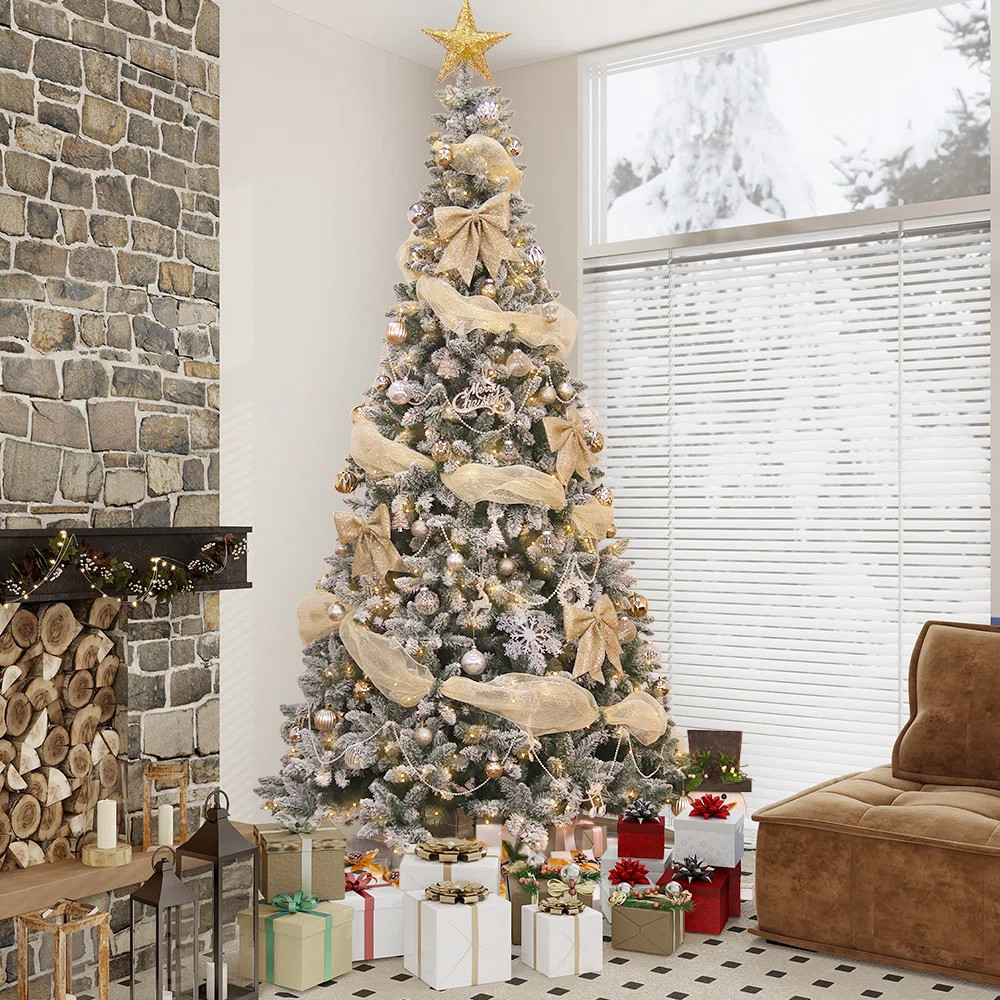 Lelaina Realistic Spruce Flocked Christmas Tree with Lights | Wayfair North America