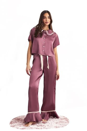 Nasty Gal Satin Bow Detail Ruffle Pajama Trouser Set at Amazon Women’s Clothing store | Amazon (US)