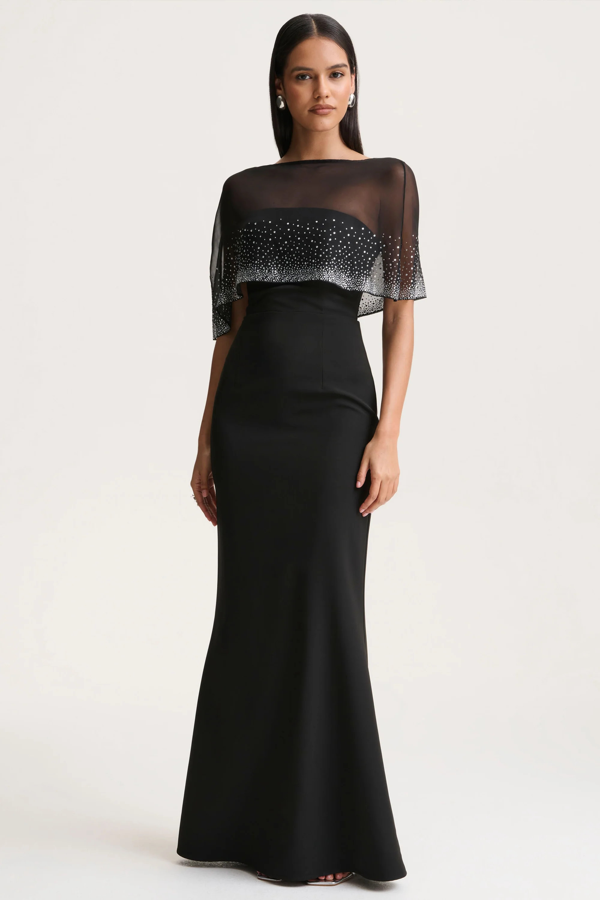 Everly | Black Hand-Embellished Cape-Sleeve Maxi Dress | Club L London