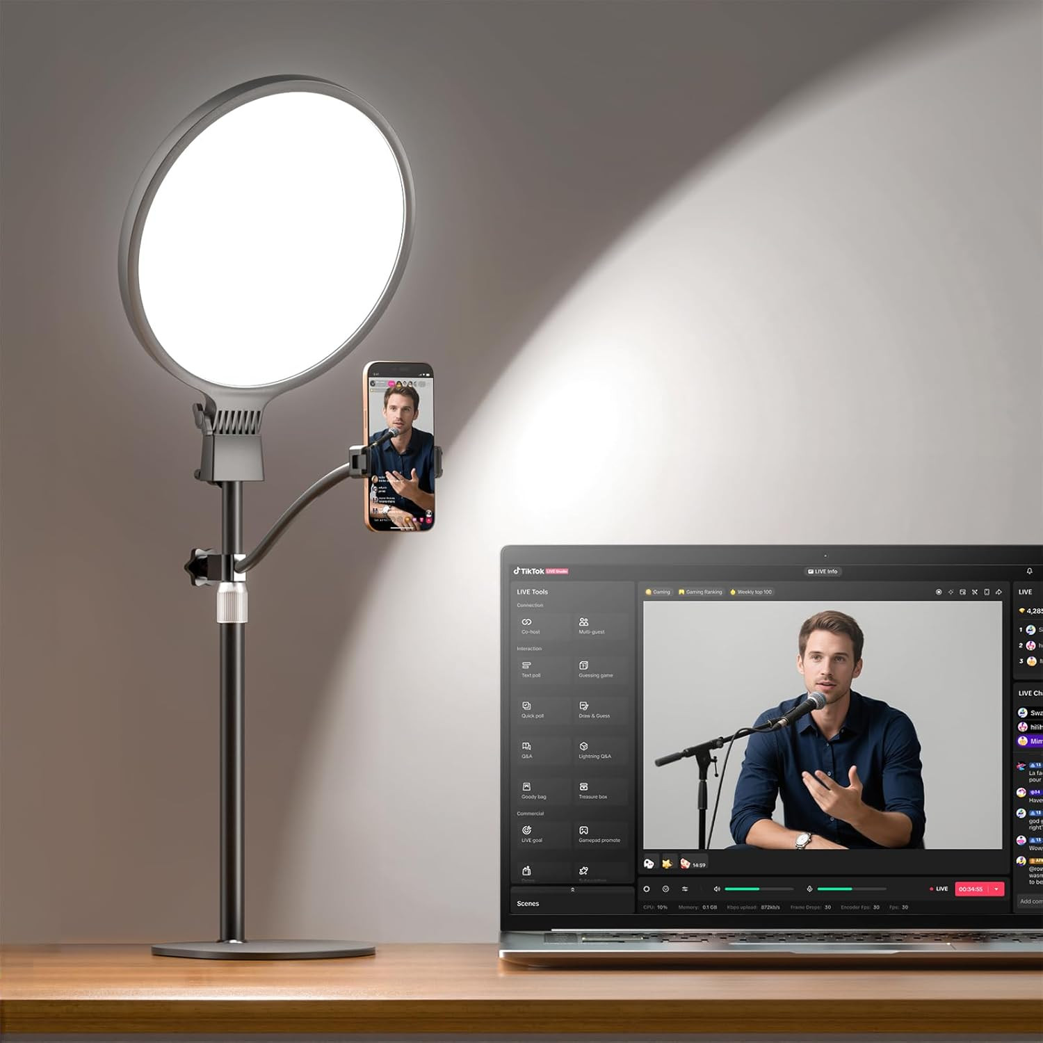 2300 Lumens Ring Light with Stand for Desk, Computer & Laptop – Podcast & Streaming Light with Flexible Phone Holder, CRI 98+ Bright Yet Soft Influencer Light for Video Recording, Conference & Calls | Amazon (US)