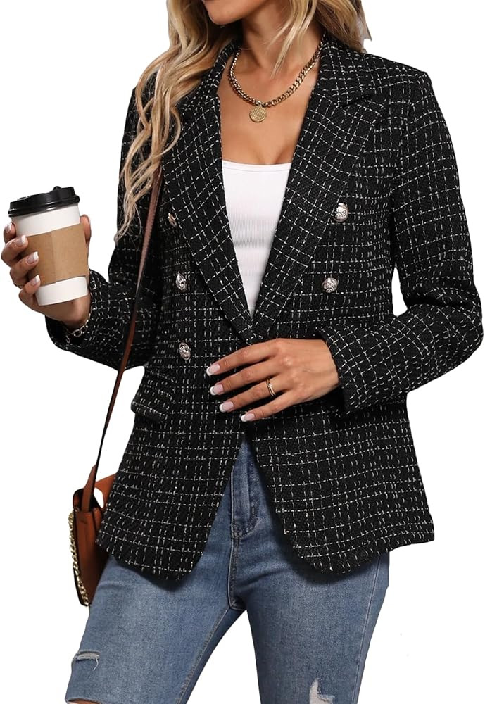 Mina Self Womens Casual Blazer 2024 Spring Open Front Business Work Tweed Plaid Jacket Suit Pocke... | Amazon (US)