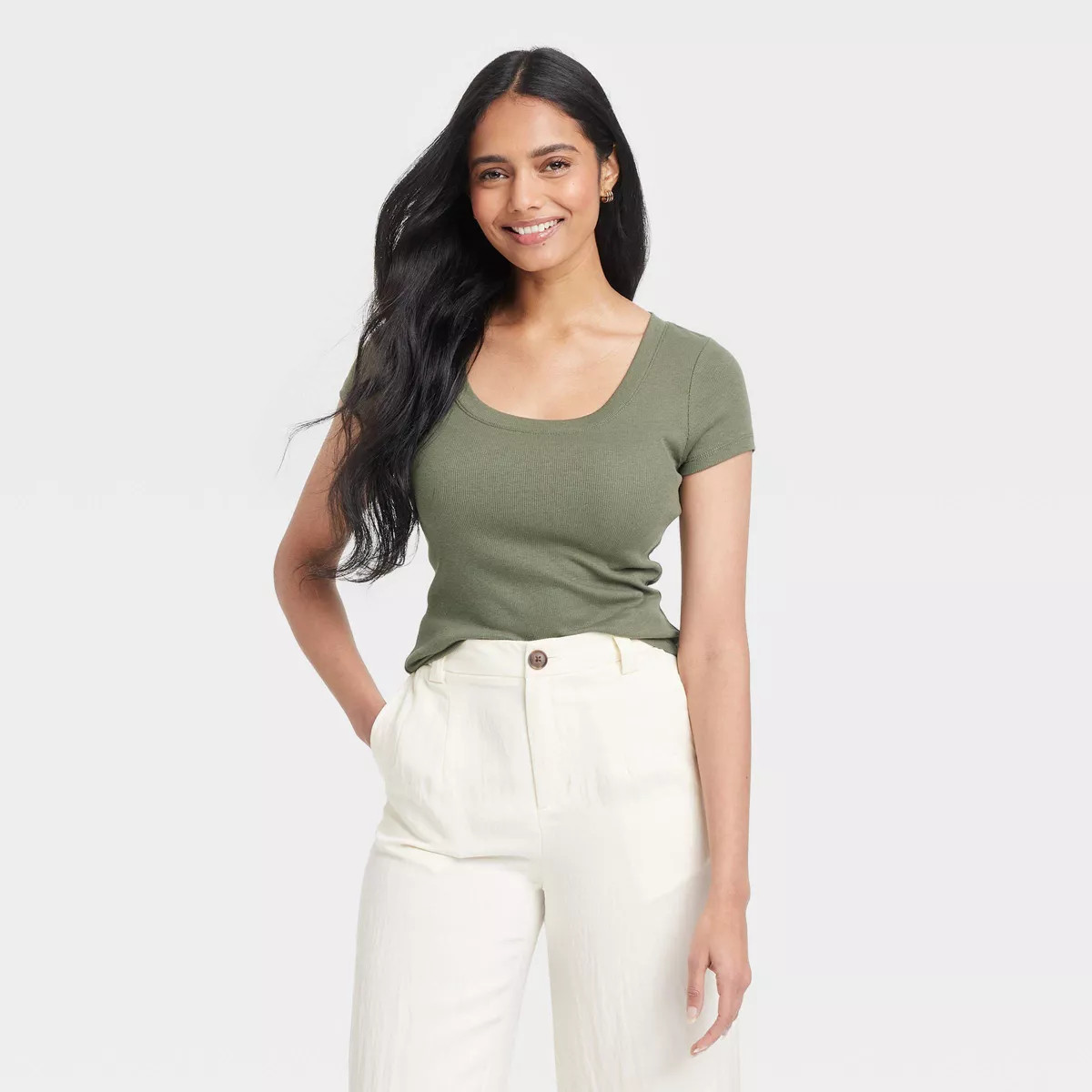 Women's Slim Fit Short Sleeve Ribbed Scoop Neck T-Shirt - A New Day™ | Target