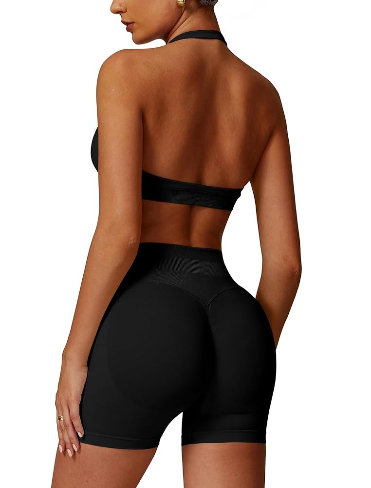 ABOCIW Workout Sets for Women 2 Piece seamless Halter Sports Bra Scrunch Butt Impact Shorts Gym Y... | Amazon (US)