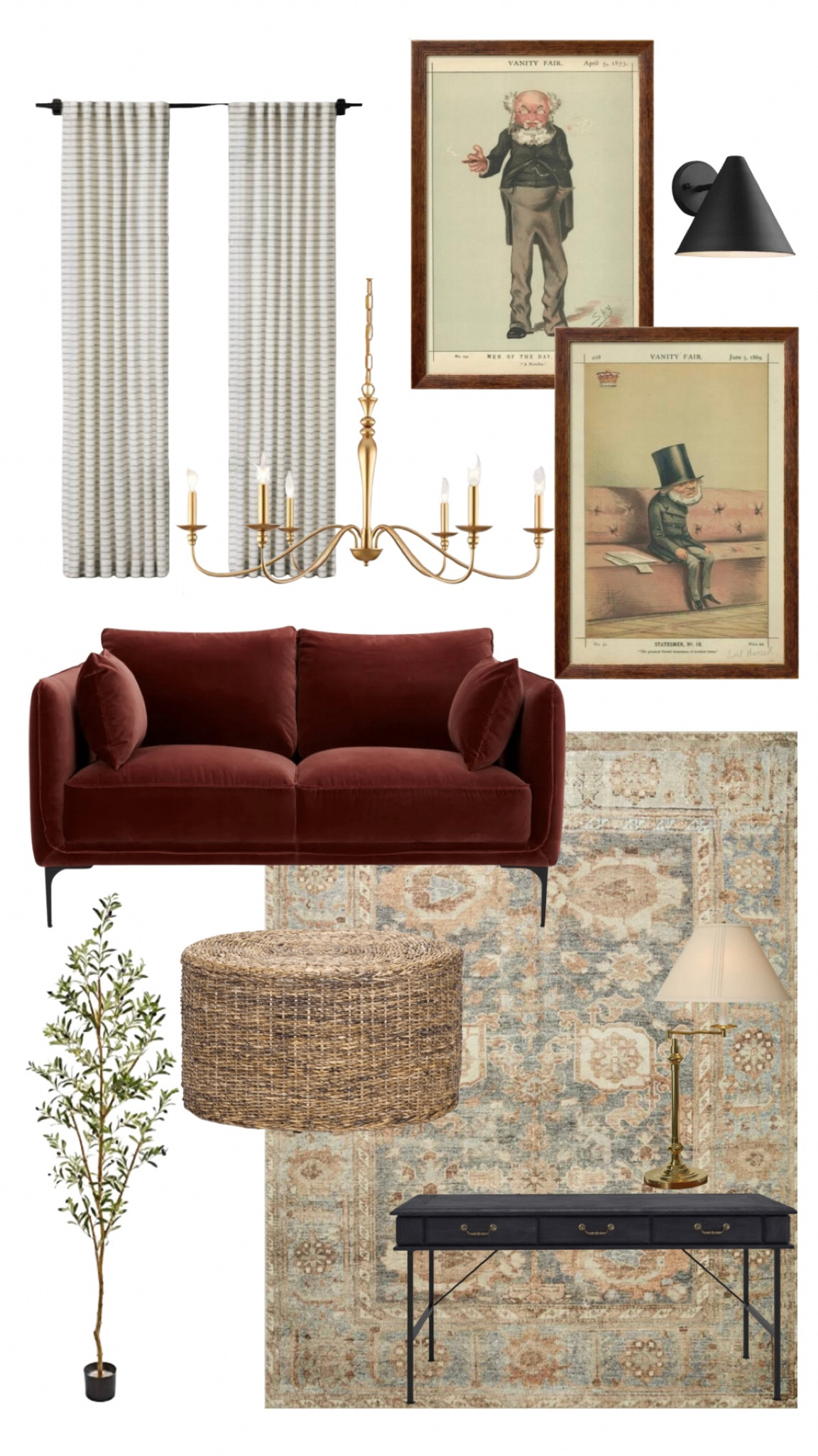 Curtains, striped curtain, love seat, sofa, velvet sofa, area rug, coffee table, olive tree, sconce, table lamp, chandelier

#LTKhome