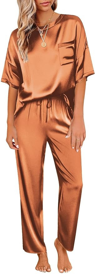 Ekouaer Womens Satin Silky Pajama Set Short Sleeve Shirt with Long Pajama Pant Set Soft PJ Lounge... | Amazon (US)