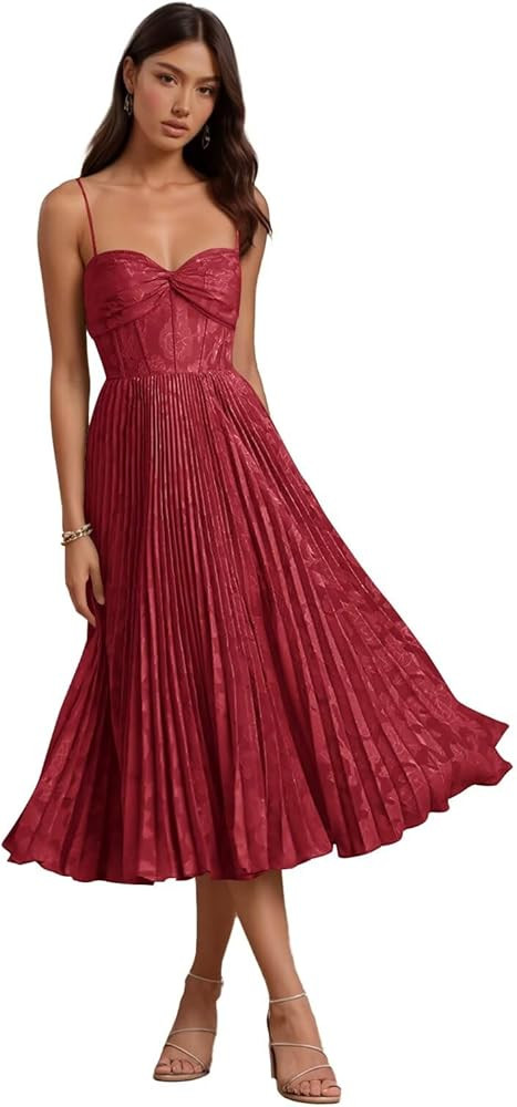 Floral Satin Midi Wedding Guest Dresses Pleated Tea Length Formal Evening Party Gowns | Amazon (US)