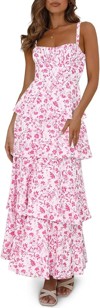 Wenrine Womens Summer Floral Maxi Dresses Sleeveless Spaghetti Strap Tie Back Ruffle Tiered Flowy... | Amazon (US)