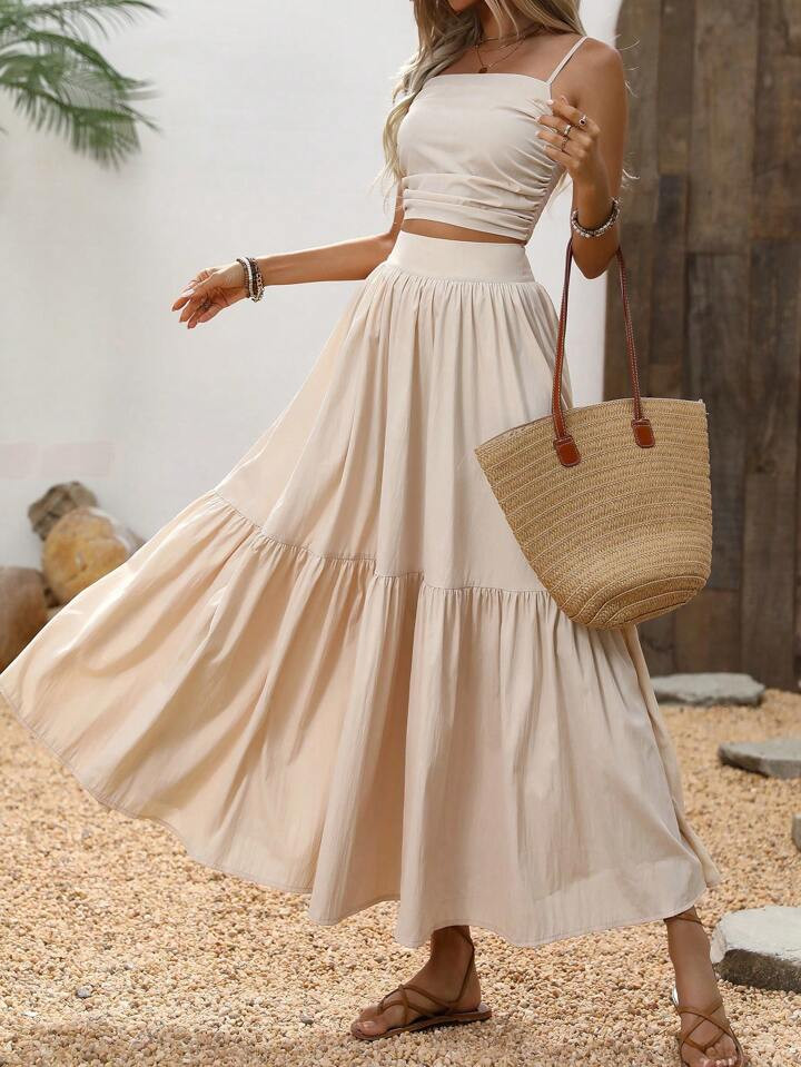 SHEIN Privé 2pcs Casual Sleeveless Solid Color Dress With Ruched Design And Large Hem, Resort Va... | SHEIN