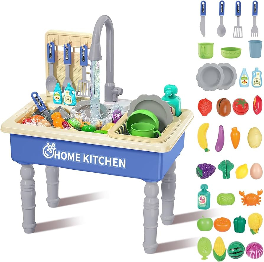 deAO Play Kitchen Toy Sink Toys with Cutting Food,Dishwasher Playing Toy with Running Water, Role... | Amazon (US)
