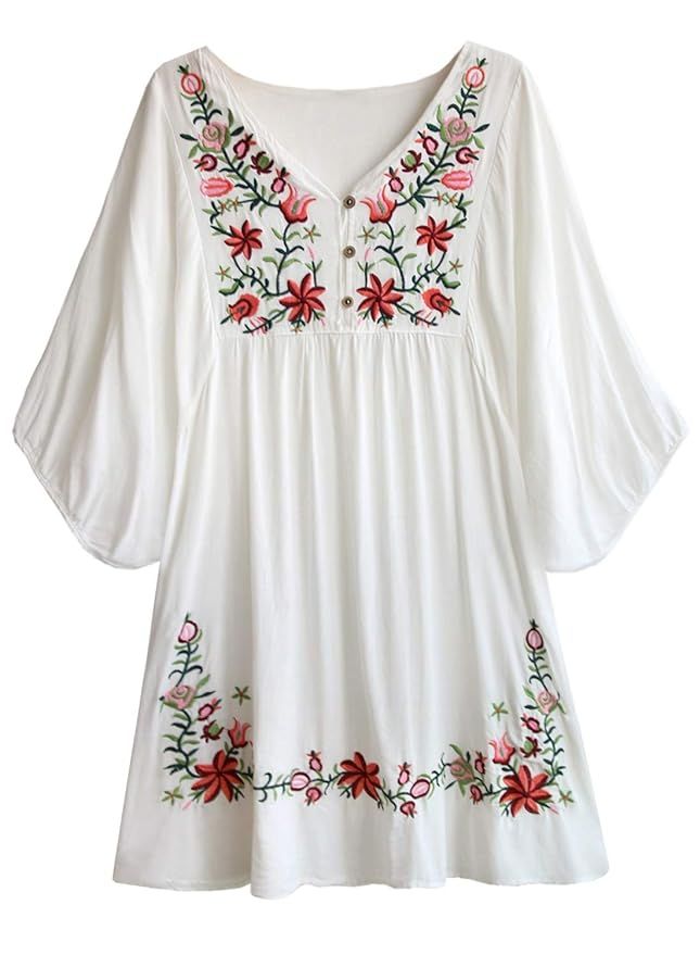 Doballa Women's Floral Embroidery Mexican Tunic Top Bohemian Flowy Shift Mini Blouse Dress | Amazon (US)