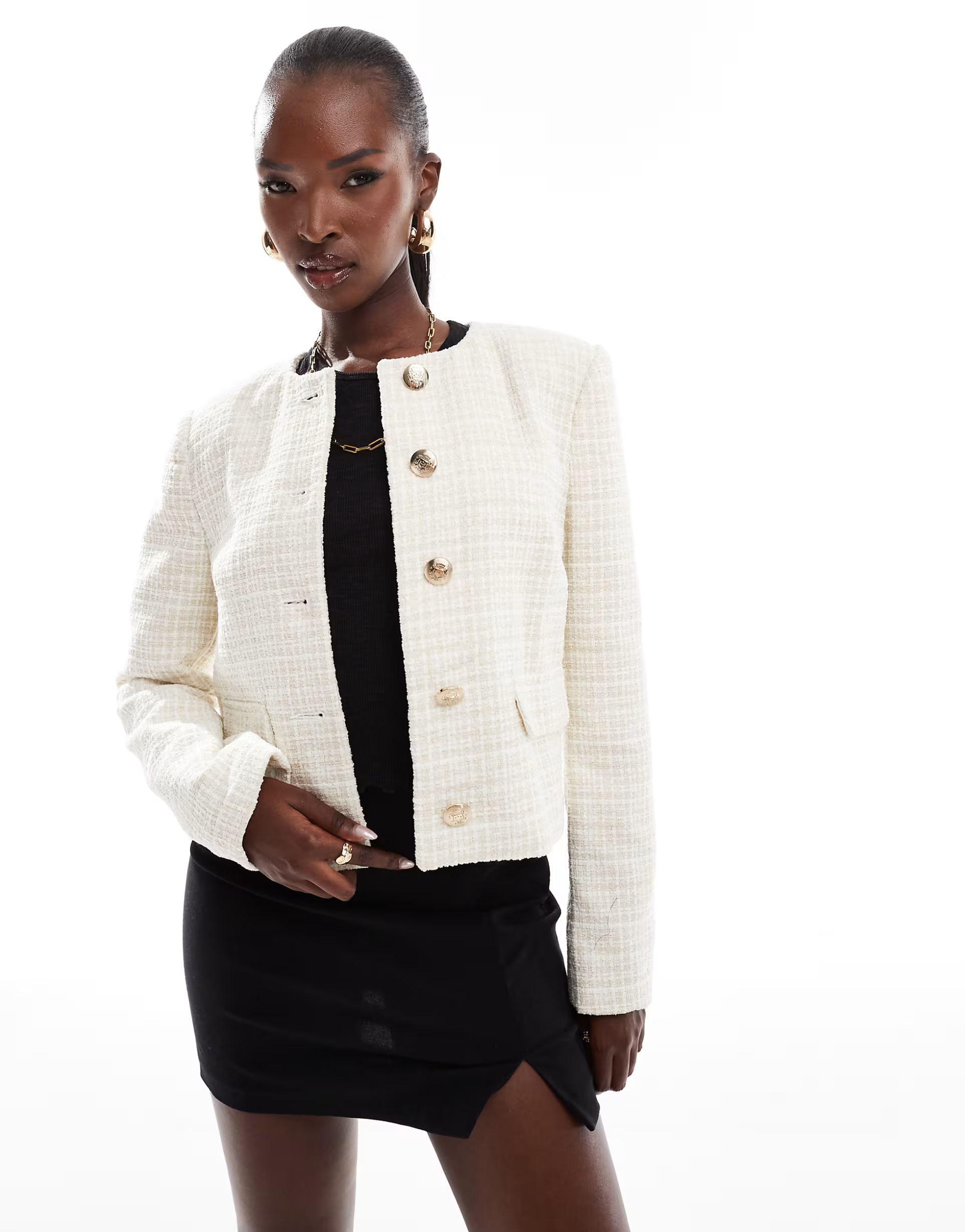 River Island crop boucle trophy jacket in cream | ASOS (Global)