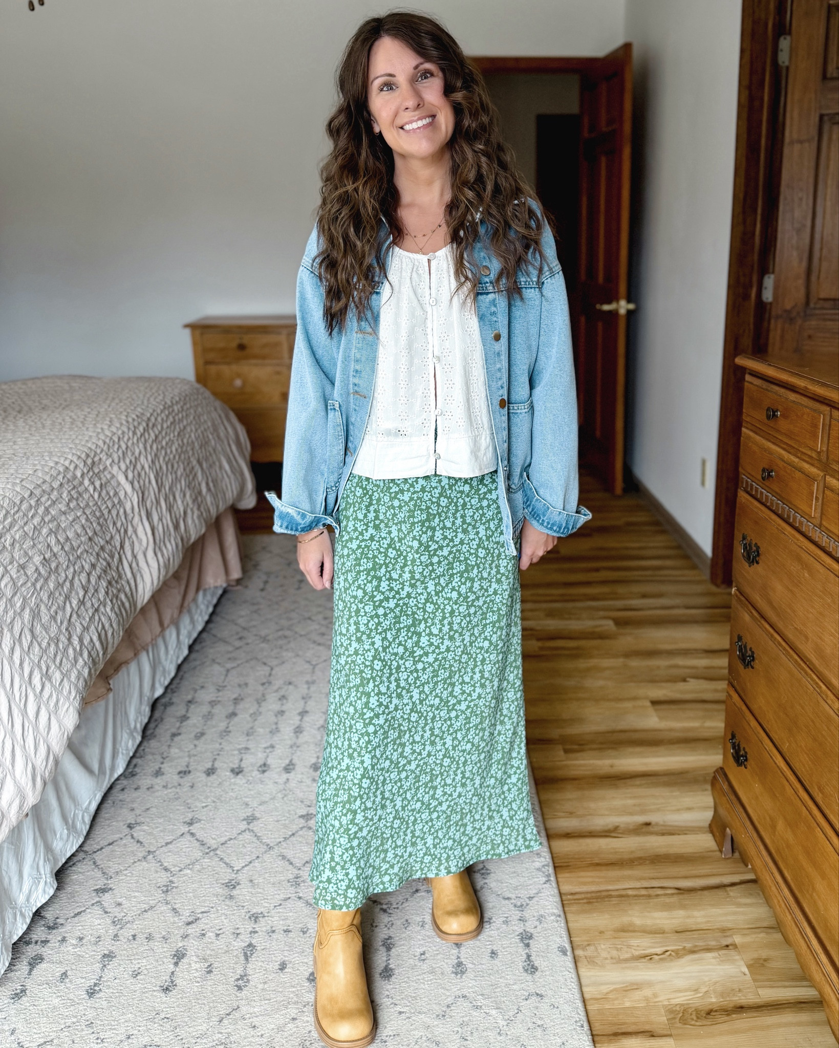 Spring skirt outfit idea! For Easter, graduation, wedding or baby shower, mother’s day, etc🌲🥝🍏

White eyelet top: small
Green floral skirt: xs 
Denim jacket: xs
Boots: 6 


#LTKootd #LTKgrwm #LTKPetite