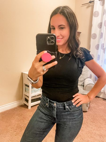 Amazon short sleeve bodysuit and jeans. This bodysuit comes in a few colts and runs tts. It’s really cute with a skirt  
Both run tts. 
#ltkpetite 

#LTKstyletip #LTKfindsunder50 #LTKfindsunder100