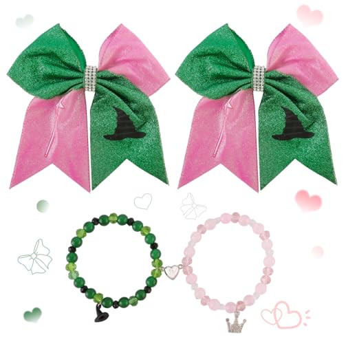 CUBACO 4Pcs Wicked Friendship Hair Accessories Matching Wicked Bracelets Set Pink and Green Hair Bows for Women Rhinestone Jewelry Bracelets Musical Movie Fans Decor Birthday Party Favor Supplies | Amazon (US)