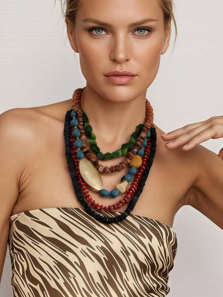 Bohemian Multi-Color Contrast Multilayer Asymmetric Pearl Necklace, Vintage Exaggerated Choker Ne... | SHEIN