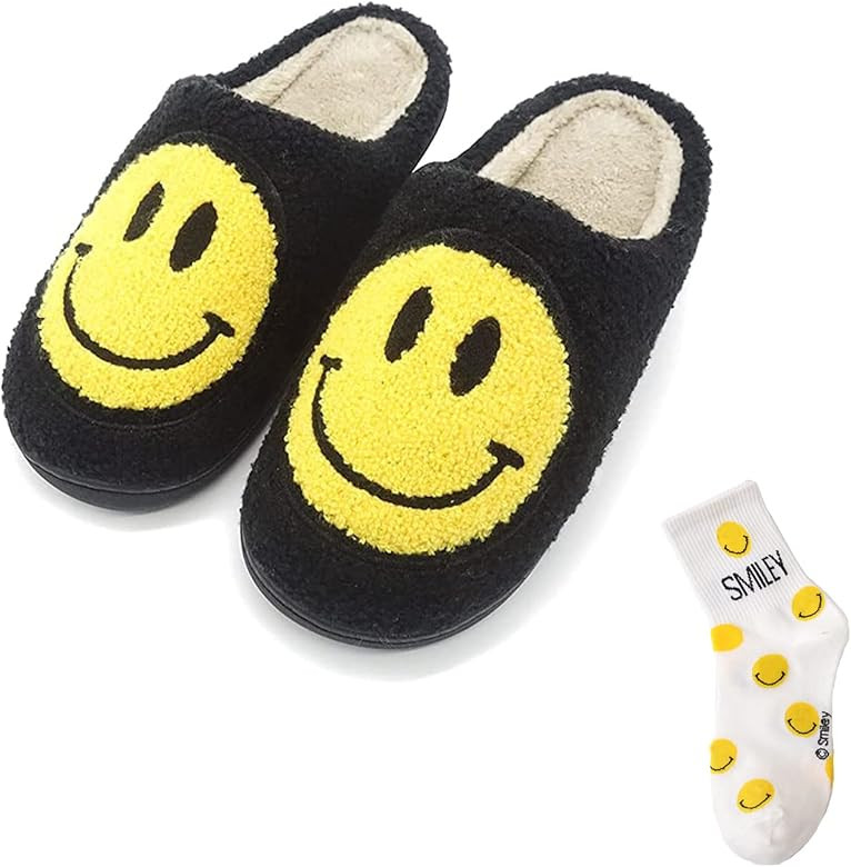Smiley Face Slippers Retro Soft Plush Comfy Warm Slip-on Slippers Comfy Faux Fur House Slipper Scuff | Amazon (US)