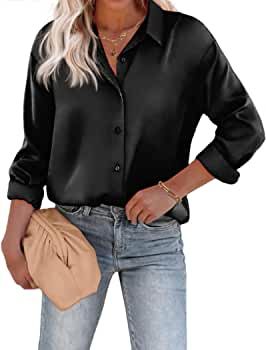 Chigant Women's Blouse Satin Silk Shirts Button Down Shirts Casual Loose Long Sleeve Office Work ... | Amazon (US)