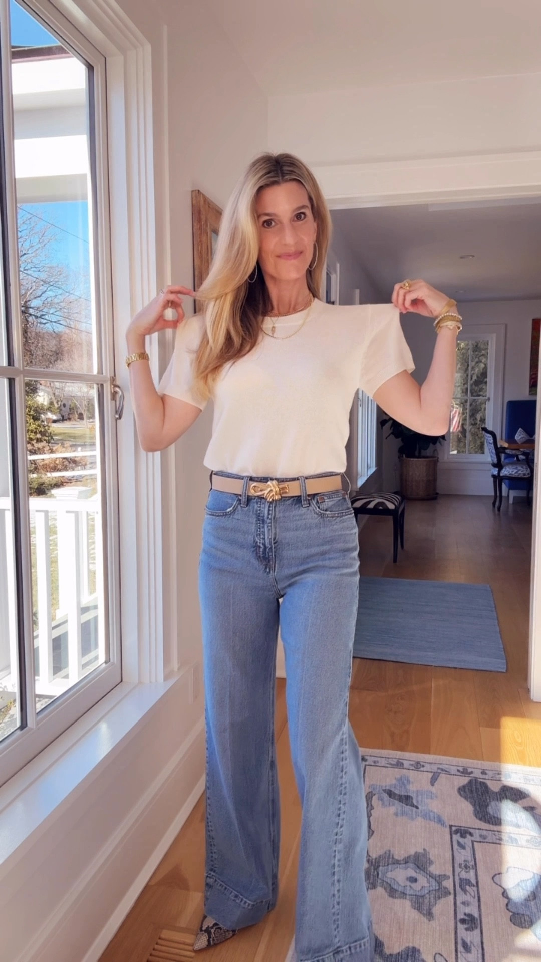 Perfect pieces for transitional weather. I am wearing sz M in this short sleeved cashmere sweater.

#LTKootd #LTKOver40 #LTKgrwm