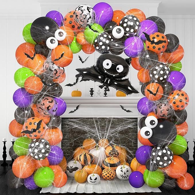 130PCS Halloween Balloon Garland Arch Kit, 35'' Bat Foil Balloons Spider Web 12Pcs 3D Bats Eyebal... | Amazon (US)