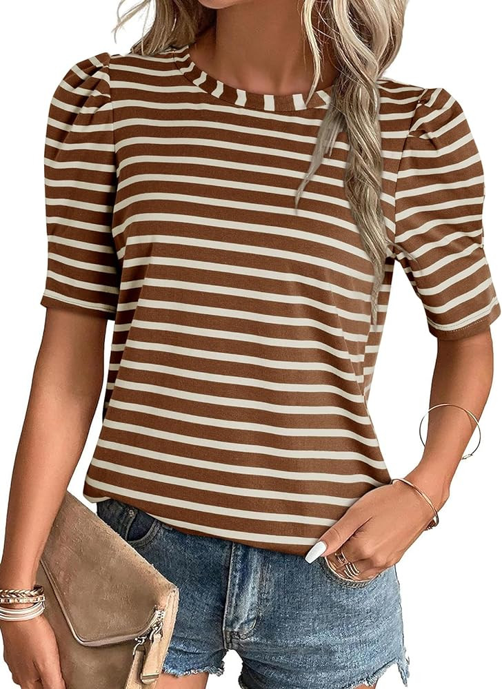 Dokotoo Women's Casual Short Puff Sleeve Crew Neck Striped T Shirts Summer Tops | Amazon (US)