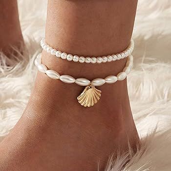 Shegirl Boho Pearl Anklets Bracelets Beaded Layered Ankles Bracelets Shell Pendant Foot Chain Jew... | Amazon (US)