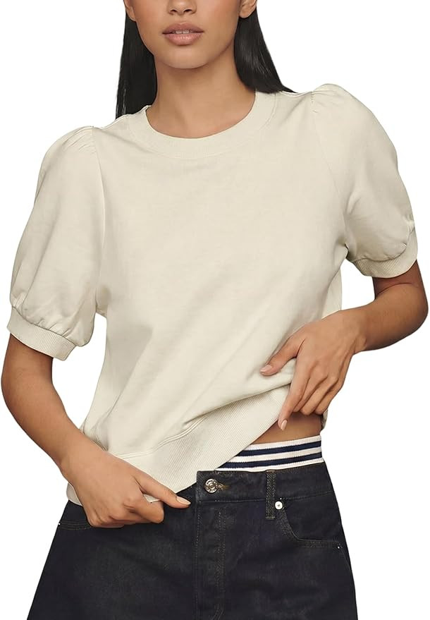 Wyeysyt Women Puff Sleeve Tops Sweatshirt T Shirts Crewneck Short Sleeve Spring Summer Shirt | Amazon (US)