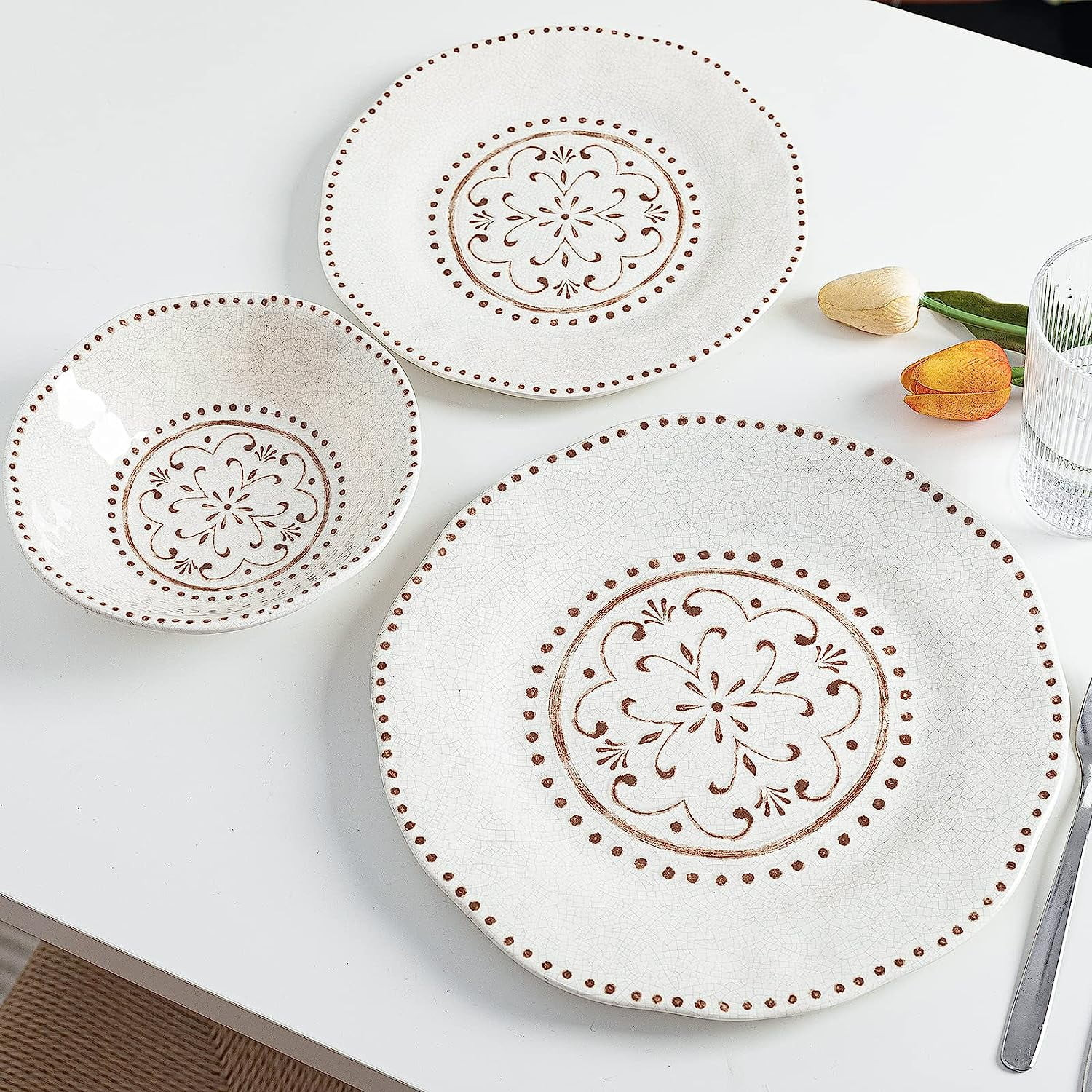 Beaded Crackle 12 Piece Melamine Camping Dinnerware Set, Plates and Bowls Sets, Indoor and Outdoo... | Walmart (US)