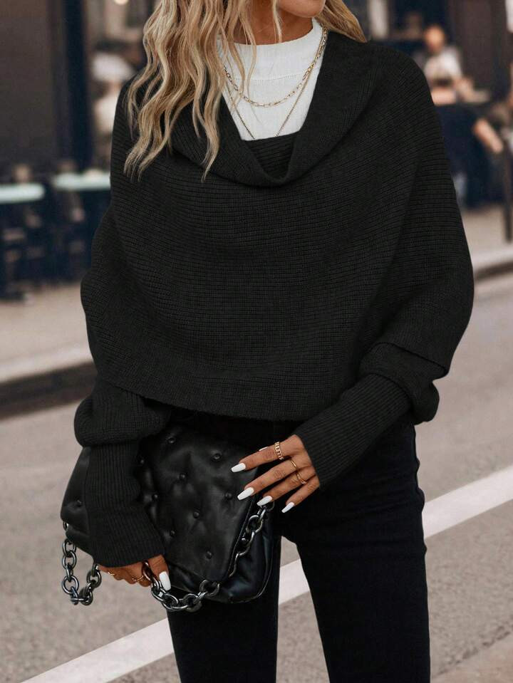 SHEIN Clasi Draped Collar Batwing Sleeve Sweater | SHEIN