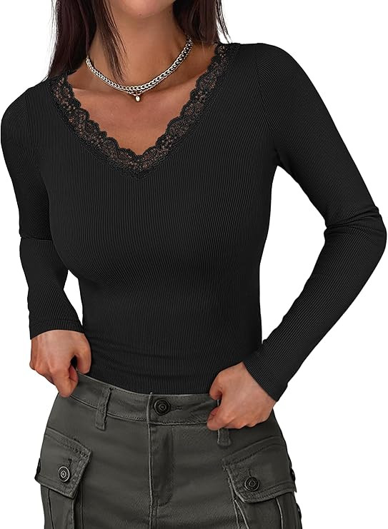 ANRABESS Long Sleeve Shirts for Women Lace V Neck Rib Knit Slim Fit Basic Tee Tops 2025 Casual T-... | Amazon (US)