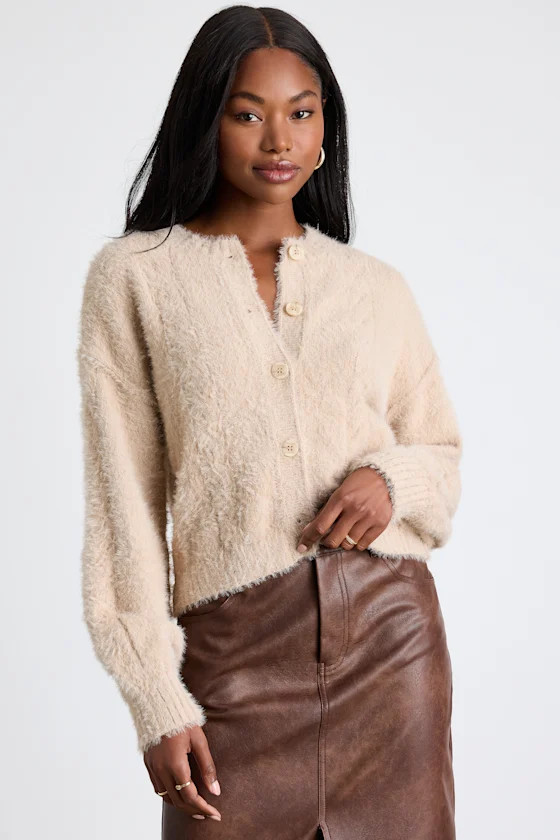 Ashby Beige Braided Eyelash Knit Cardigan Sweater | Lulus