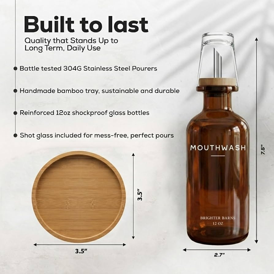 Amber Glass Mouthwash Dispenser for Bathroom by Brighter Barns - Refillable Mouthwash Container a... | Amazon (US)