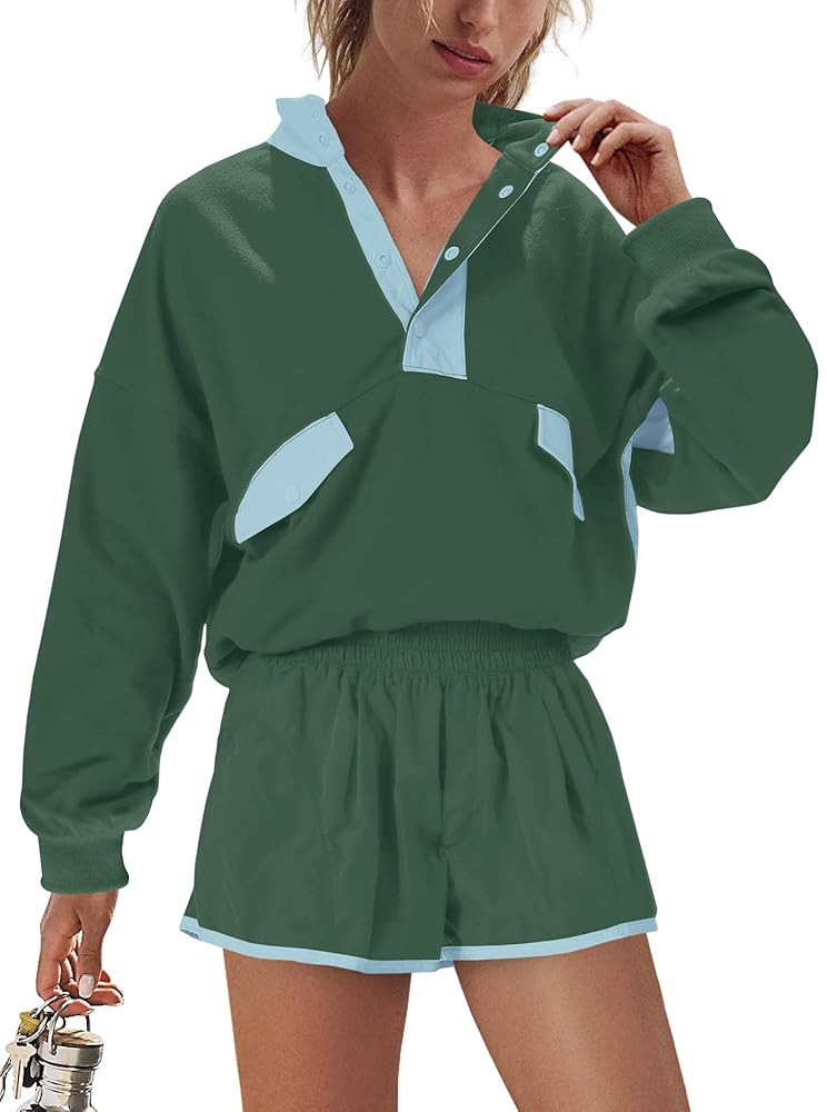 LAMISSCHE Work out Sets Gym for Women Sweatsuits 2 Piece Set Long Sleeve Top & Shorts Active Wear... | Amazon (US)