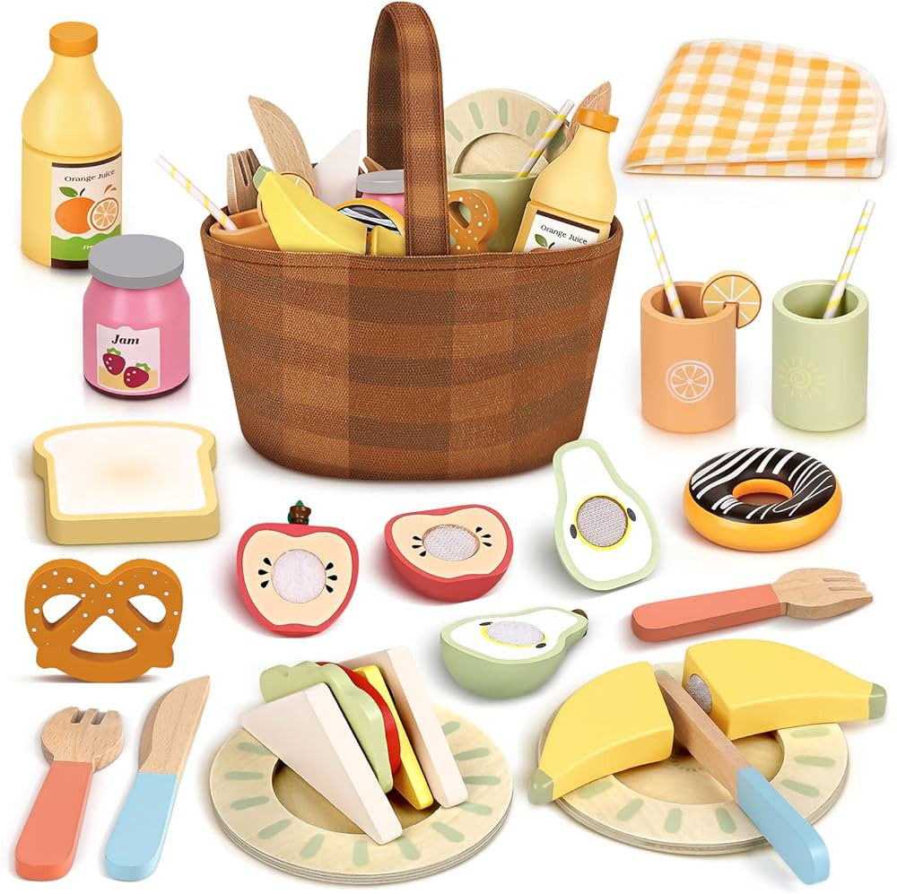 Dreamon Wooden Play Food Set - 22 Pcs Play Food Sets for Kids Kitchen with Carry Basket,Pretend F... | Amazon (US)